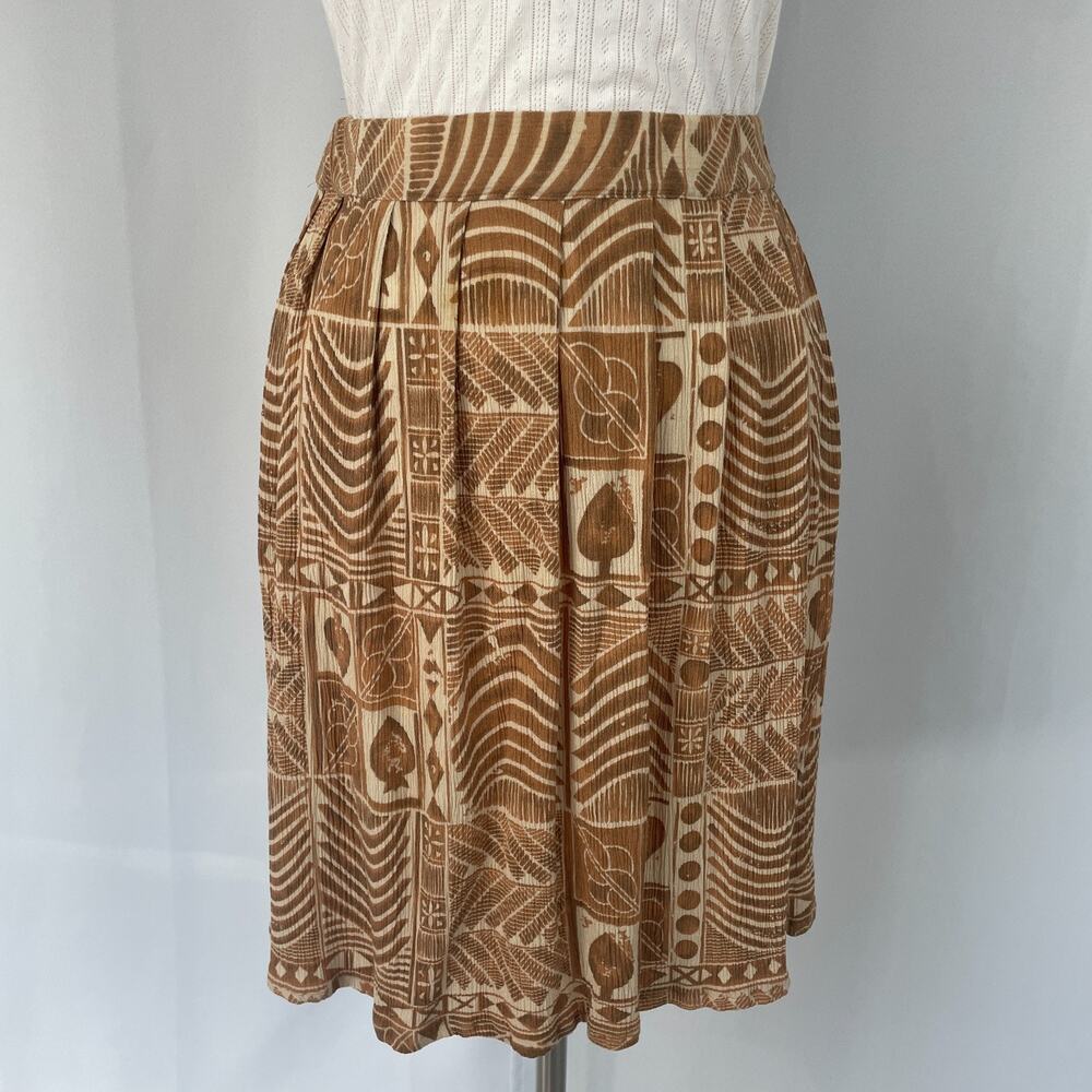 Vintage A Line Mini Skirt Small Brown Tan Tribal Boho Lagenlook Pleated Skater